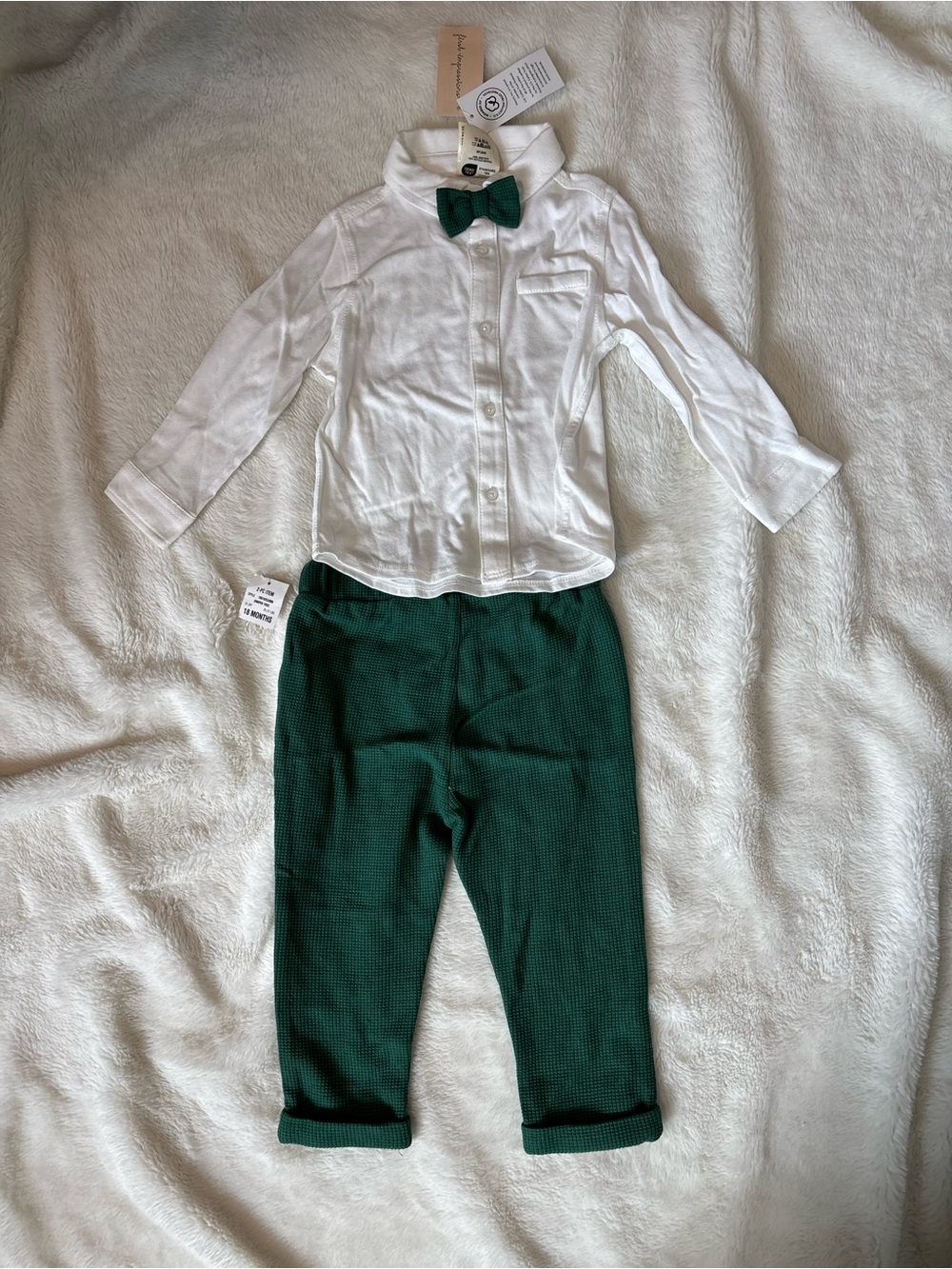 NWT First impress Button-Up Shirt Green Knit Pants Set with Bow Tie 18 months
